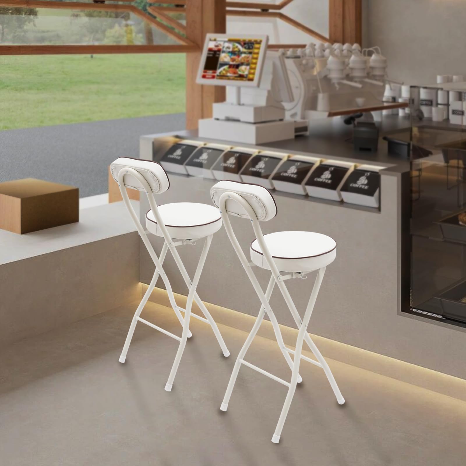 Sgabello pieghevole da bar, bianco, moderno, pieghevole, con imbottitura e schienale, set da 2 pezzi, piedini antiscivolo, blocco sicuro, cucina, balcone, campeggio, 88 x 40 x 26 cm