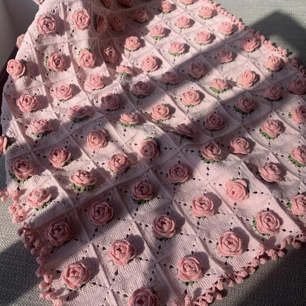 Häkeldecken-Set Häkelset Anfänger für Decke Granny Squares Häkeldecke Kit Couch Blankets Rose Floral Crochet Blanket Häkeldeckensets für Erwachsene Häkelblumenstrauß Rosa 110x110cm