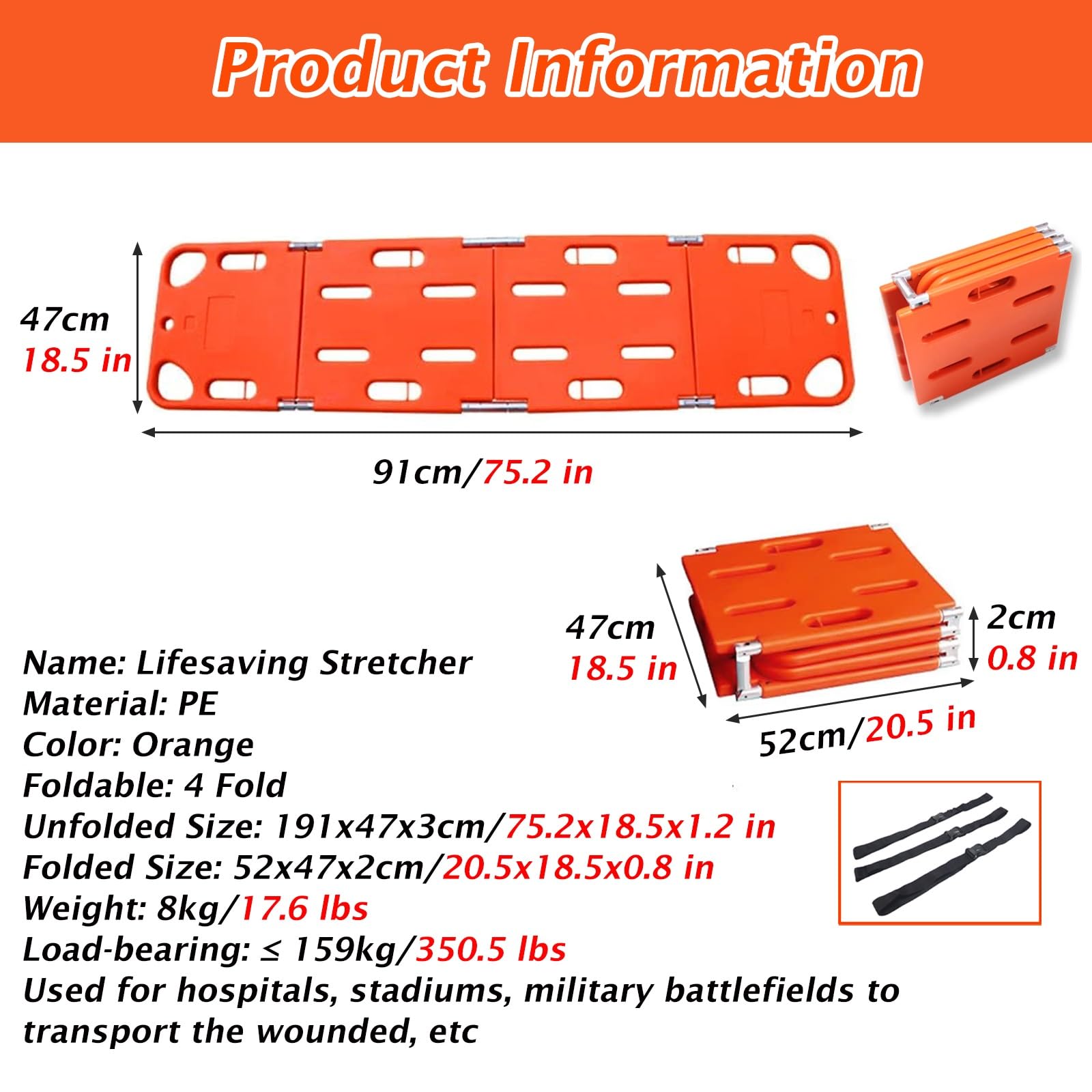 MZZKFC 73 75 in Collapsible Water Rescue Stretchers, PE Floating Life-Saving Stretcher with Adjustable Straps & Aluminum Alloy Joint, Hospital/Home Folding Stretcher(4 Fold-75.2