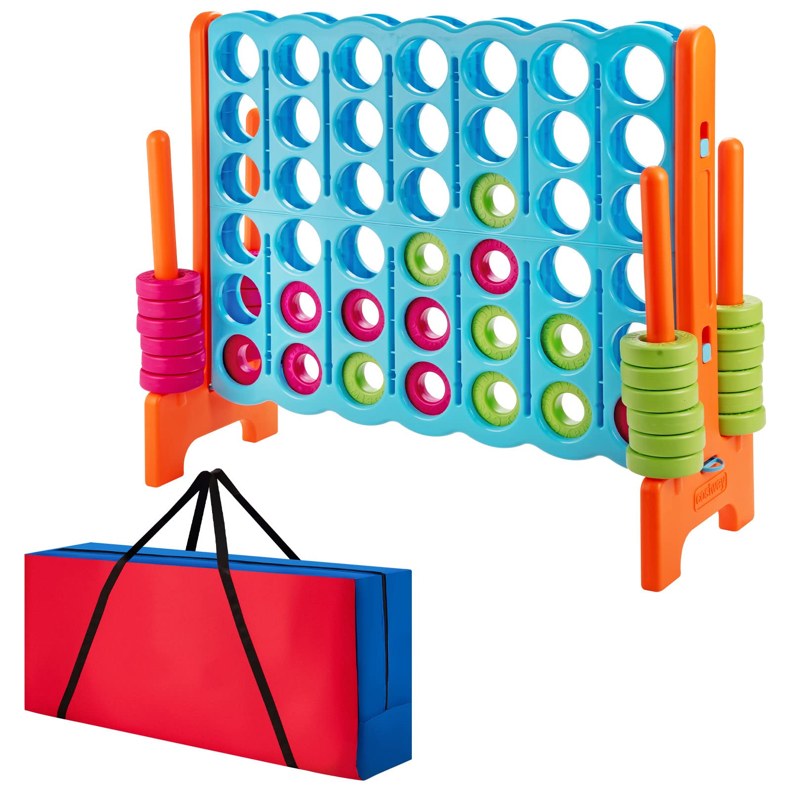 GYMAX Giant Connect 4 Game, Four in a Row Games with Carrying Bag, 42 Rings, Quick-Release Slider, Ring Toss & Basketball Hoop, Jumbo 4 to Score Game for Kids Adults