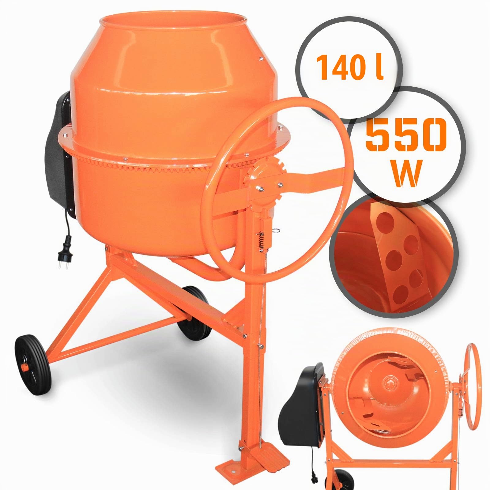TIMBERTECH® Mezcladora de Hormigón - Eléctrica, con Ruedas, Capacidad de 70/140l, 220W/550W, 220V, Acero, Asa de Volteo - Hormigonera, Revolvedora de Cemento, Amasadora de Concreto (140 litros)