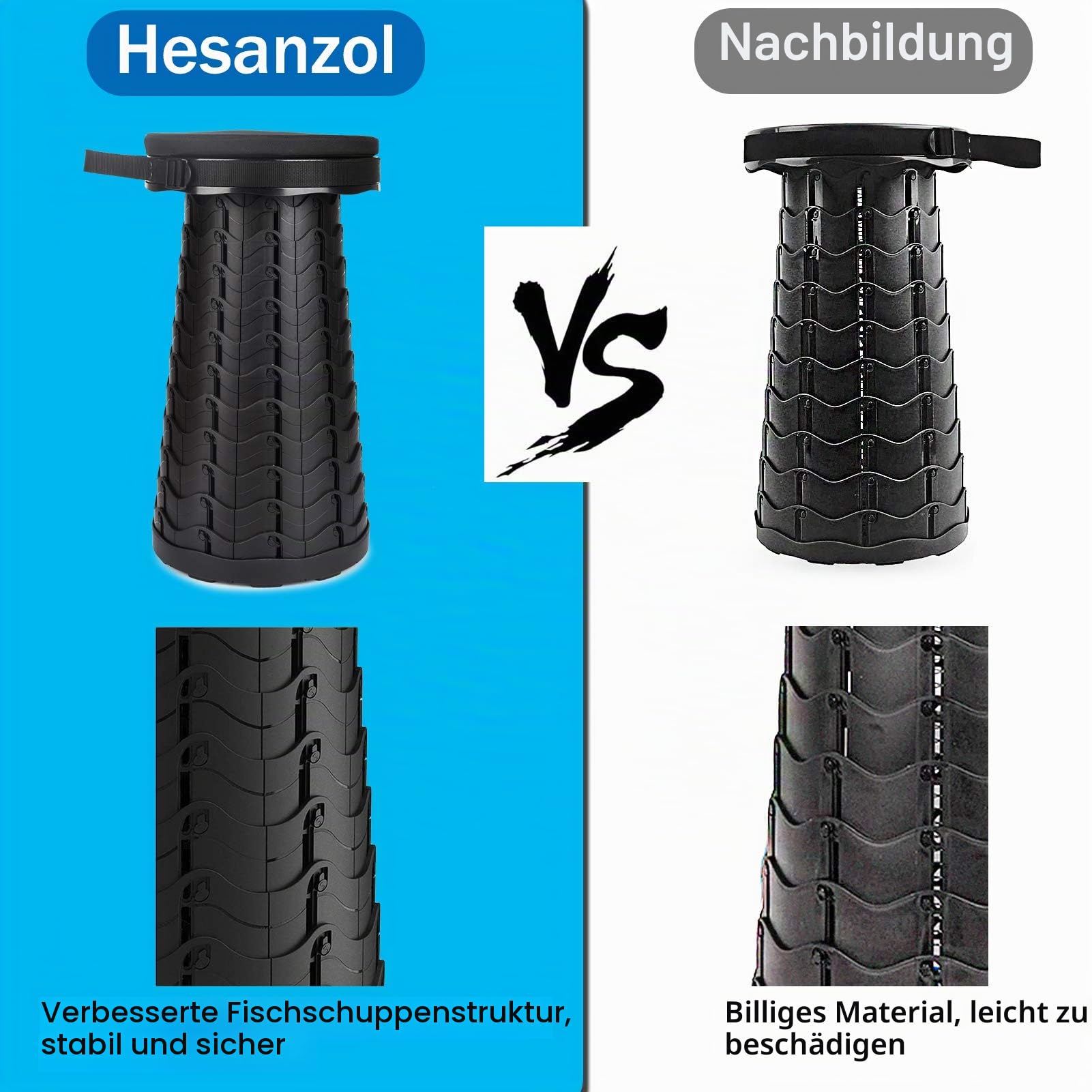 Tragbarer Teleskophocker, einziehbarer Klapphocker für Camping, Garten, Angeln, Wandern, Reisen, Grillen, verstellbare Klapphocker, maximale Traglast 180 kg