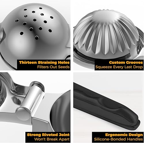 Miniatura 4 de RCMo Exprimidor de limón de acero inoxidable - Exprimidor de cítricos de metal - Exprimidor de limón y frutas con asas de silicona - Exprimidor