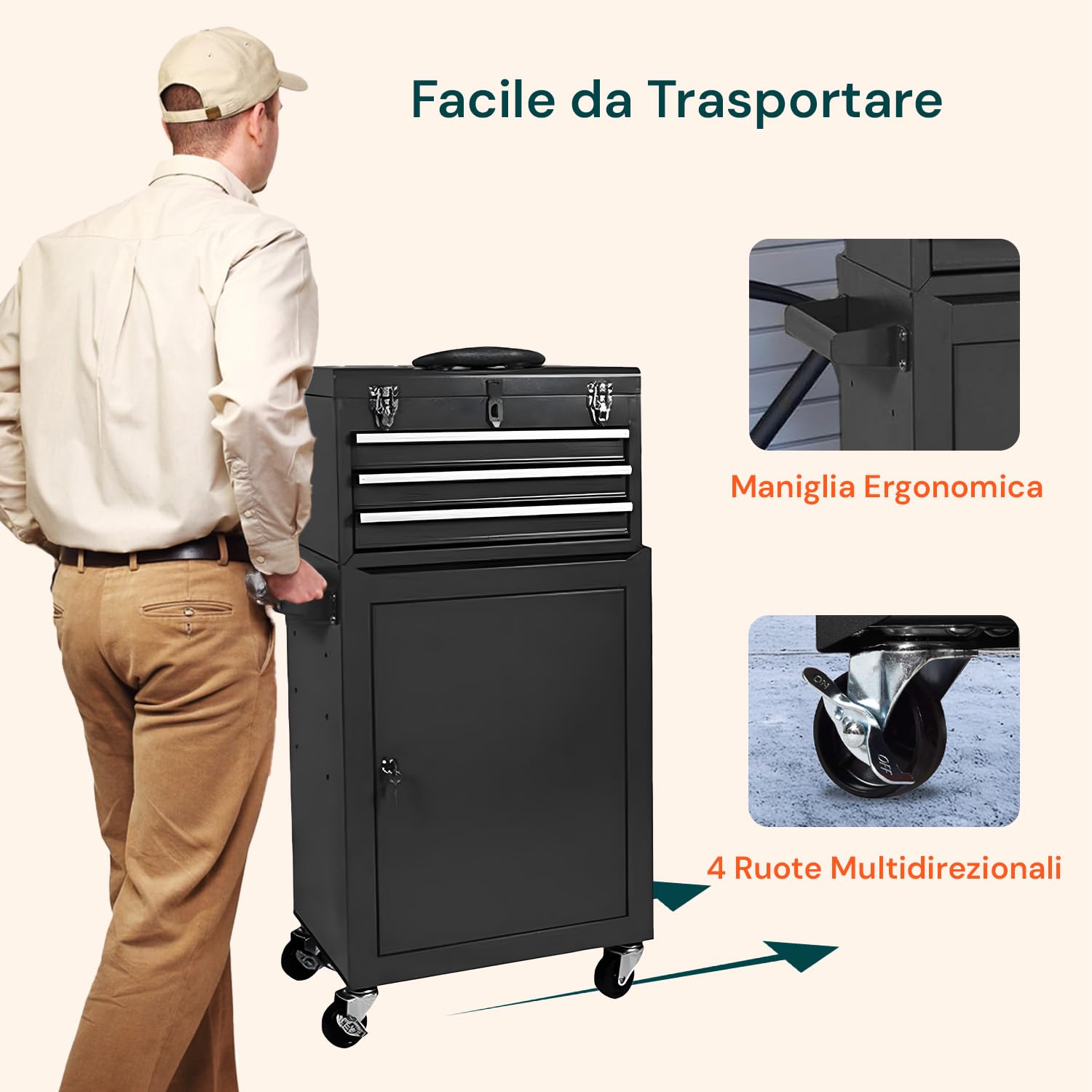 CT01 Carrello Portautensili da Officina con Serratura - 3 Cassetti e 3 Vani, Capacità 150 kg,Ideale per Meccanica e Professionisti - Carrello Porta Attrezzi Vuoto, Nero