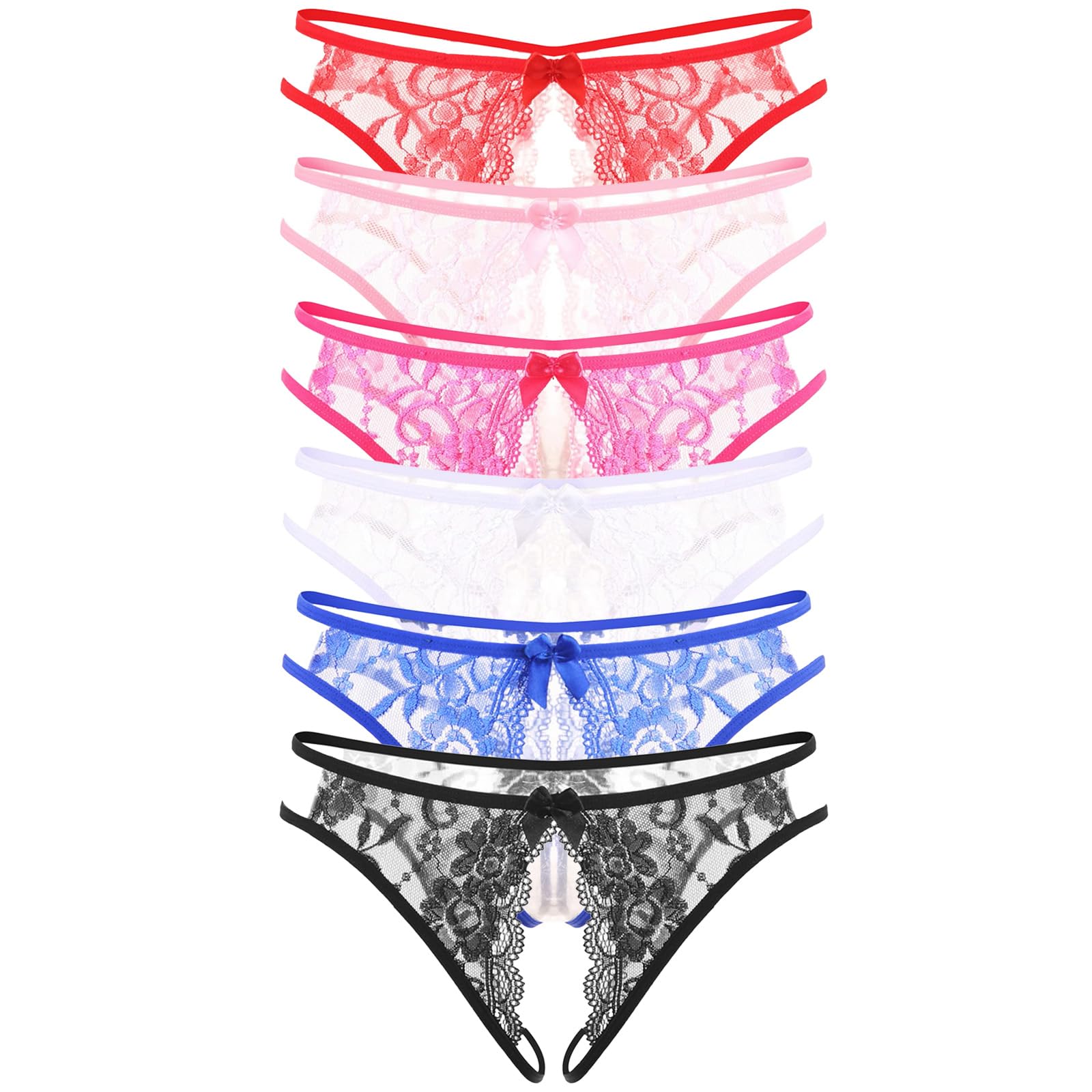 CENYINVEFI Womens Lace G-String Thongs Low Rise T-Back Panties with Floral Lace and Rear Bowknot 1-6 Pack