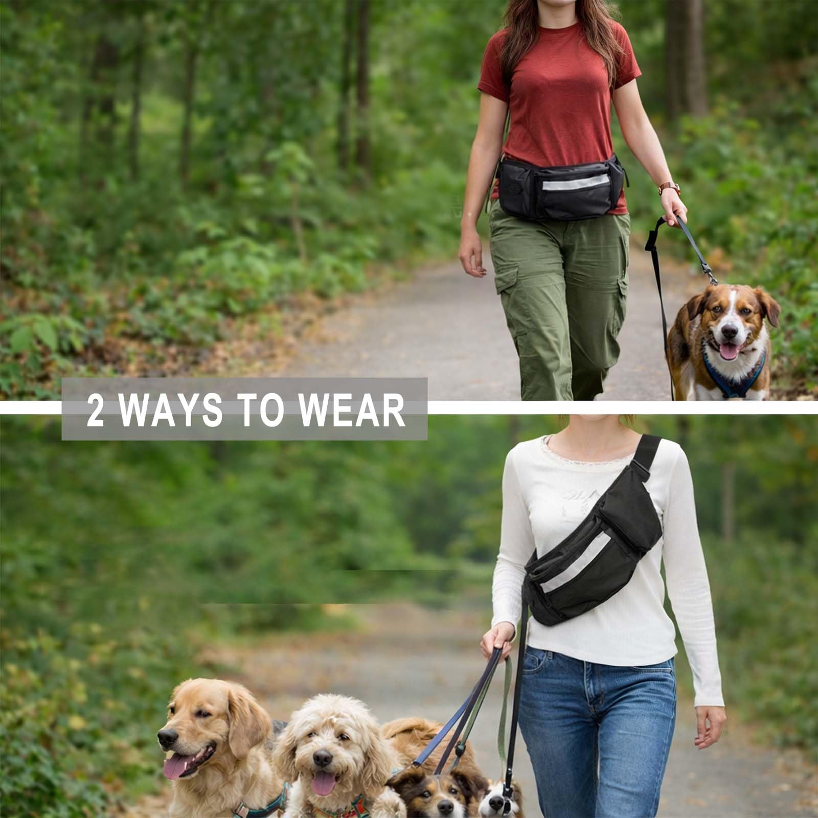 Porta premietti per cani, marsupio per addestramento, sacchetto porta-cibo con dispenser per sacchetti per i bisogni e striscia riflettente, marsupio regolabile per passeggiate all'aperto (nero)