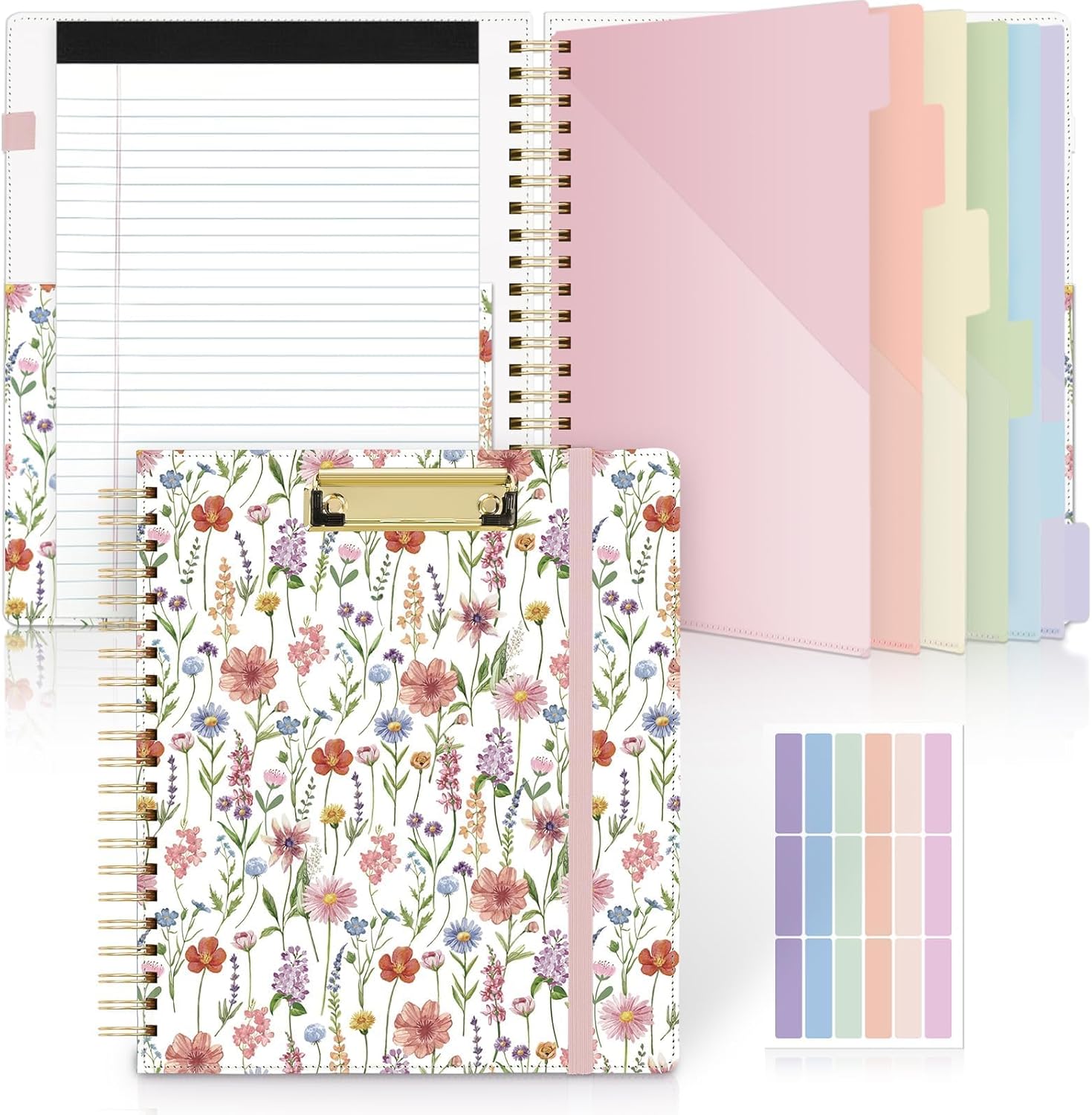 SKYDUE Clipboard Folder with Storage, 6 Dividers with 12 Pockets for Letter Size, Storage Clipboard Folio with Refillable Notepad, Spiral Clipboards Padfolio for Teacher Worker Supplies