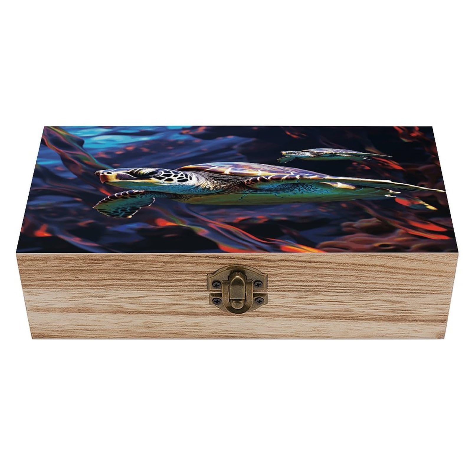 VstaDank A Colorful Tropical Sea Turtle Wooden Keepsake Box with Hinged Lid Solid Wood Gift Boxes Beautifully Keepsake Box Jewellery Organiser Retro Memory Treasure Case with Lids Decorative Boxes