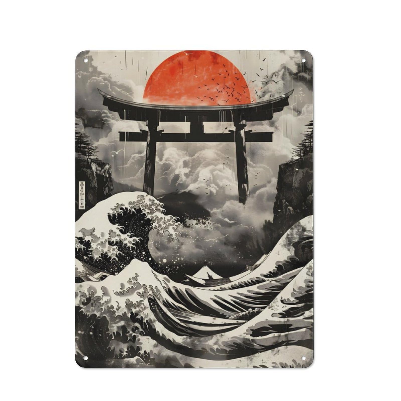 Rustic Metal Sign 40x30cm Featuring Torii And Great Wave for Hallway Wall, for Collectors Decorating Hallways And Entrance Areas