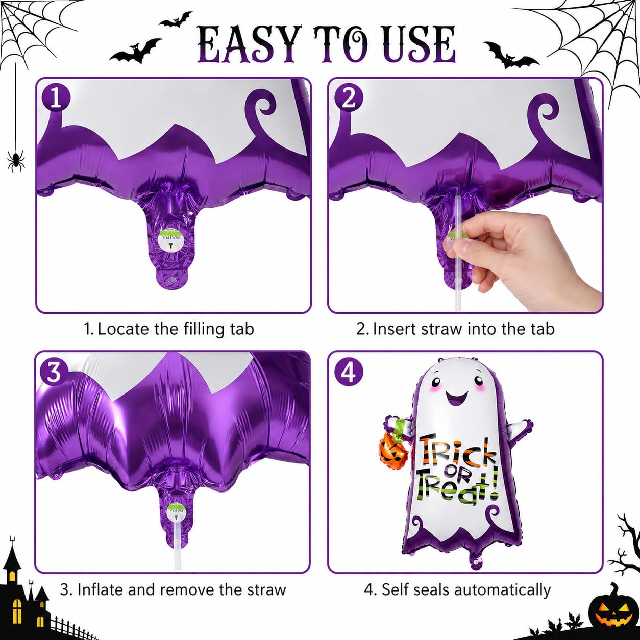 Halloween Deko Folienballon Set, 6 Stück XXL Luftballon Geist Katze Spinne Kürbis Fledermaus Grün Monster Kopf Happy Halloween Ballon für Kinder Horror Thema Trick or Treat Gruselig Party Dekoration