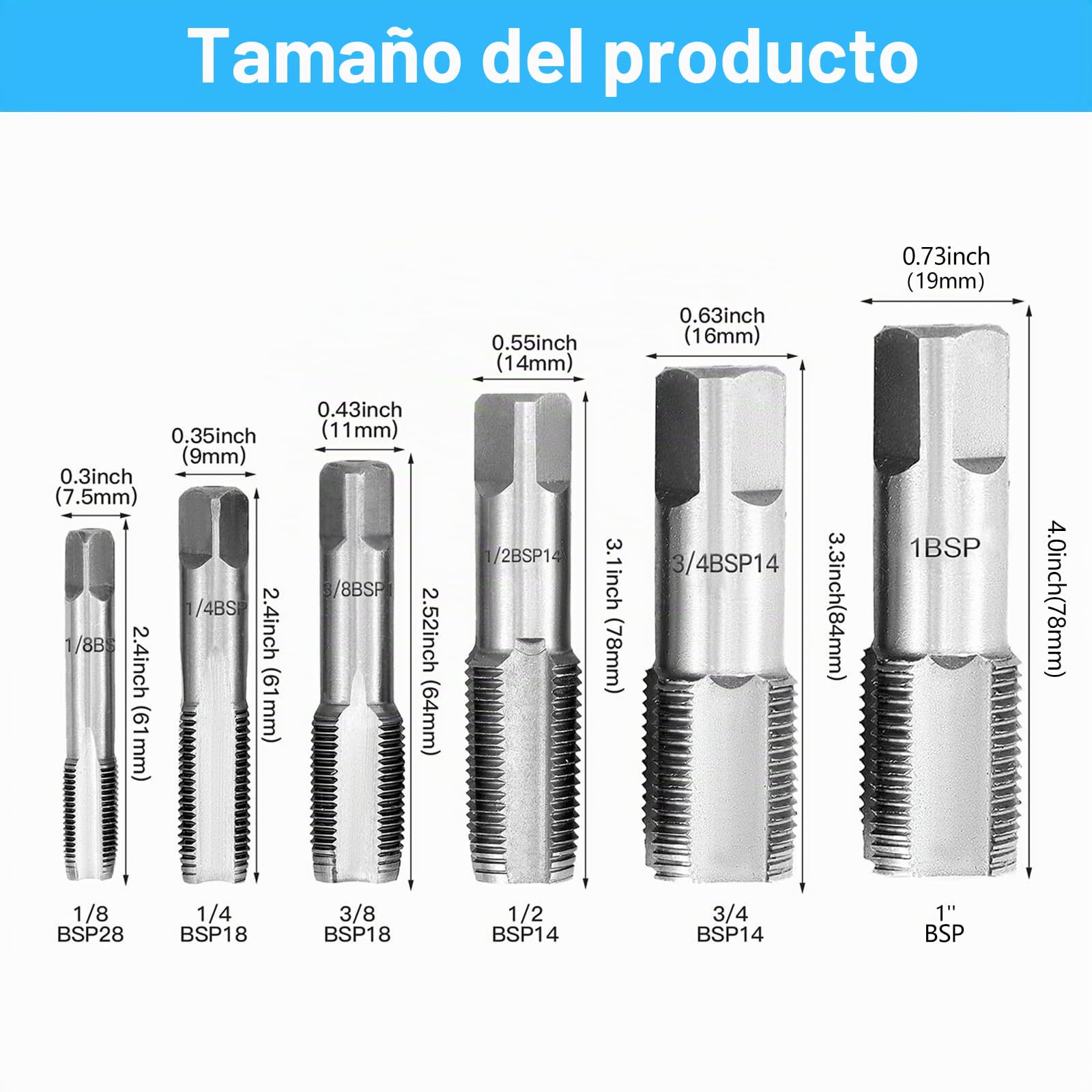 Juego de Machos de Roscar BSP 6 Piezas (1/8–1"), Acero al Carbono, Roscado Manual Preciso para Fontanería y Trabajos Mecánicos