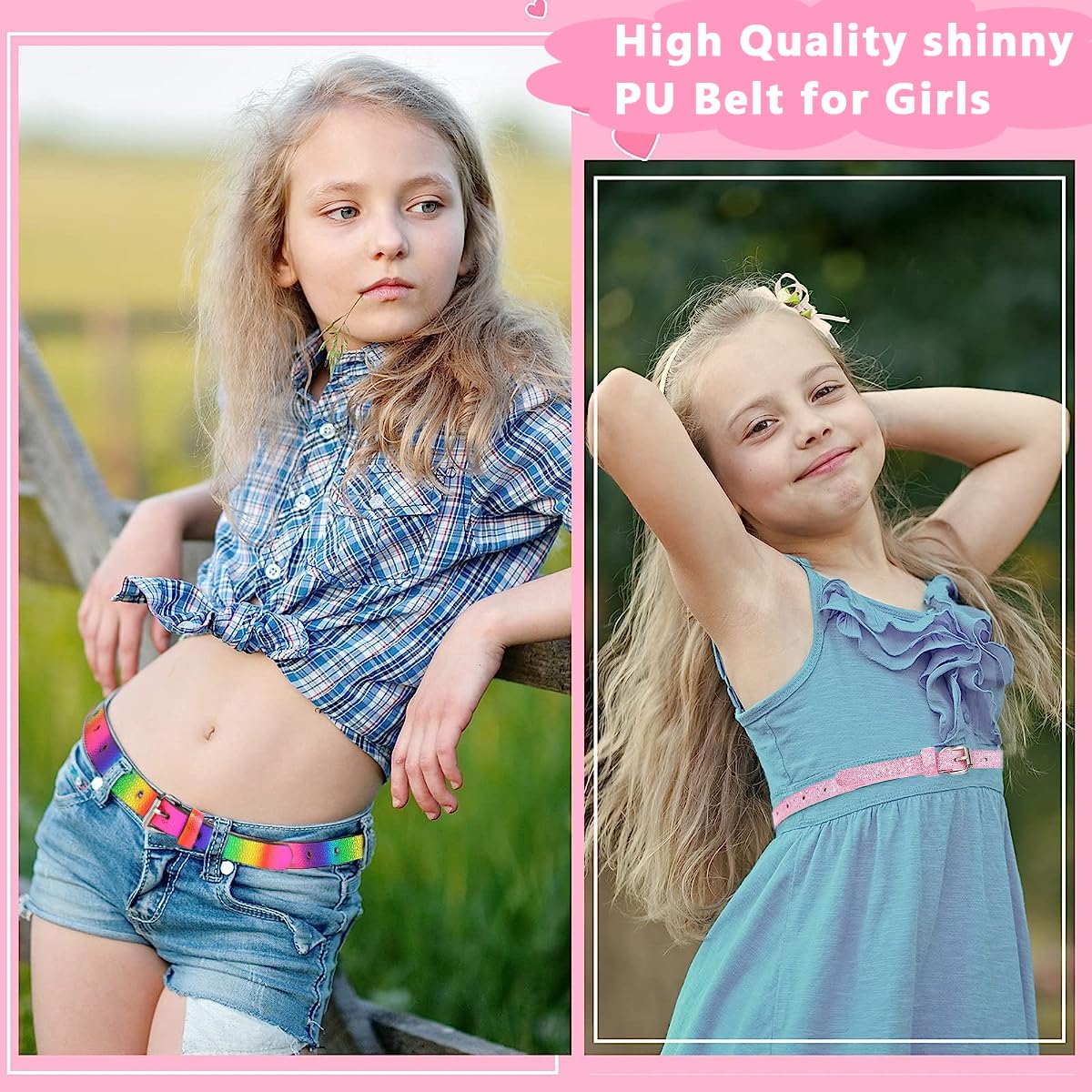 PALAY® 2 Pack Belt for Kids, Glittering PU Leather Girls Belt, Rainbow Waist Belt for Jeans Pants Dress, 35.4in Metal Buckle Belt for Kids Girl 6-12 Years Old (Pink & Rainbow) 2