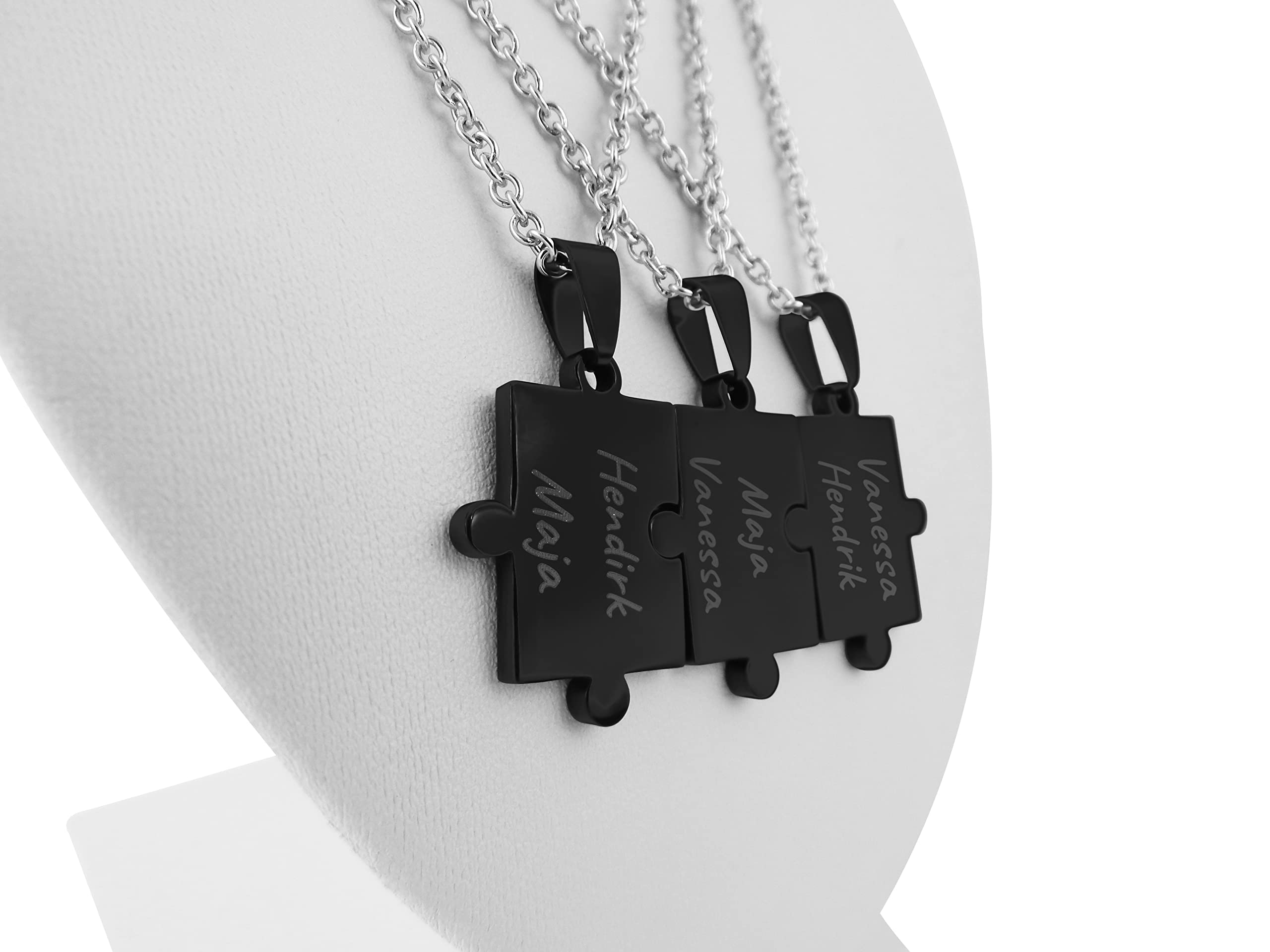 3 Stück Personalisierte Ketten mit Gravur Edelstahl 50 cm Puzzle in schwarz - Halsketten für Männer und Frauen - Personalisierter Schmuck Damen Herren Freundin Freund Geschwister