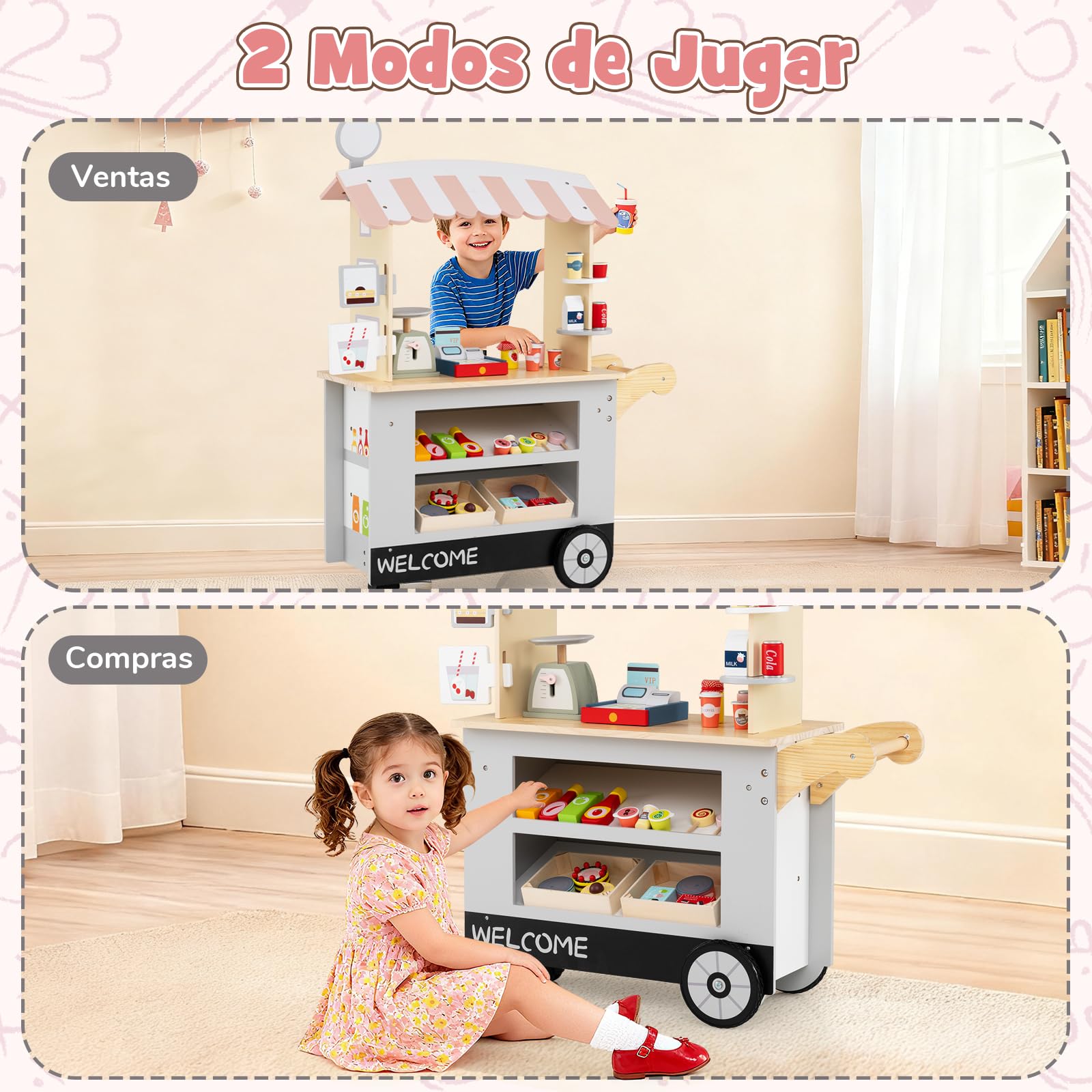 GOPLUS Carrito de Aperitivos para Niños con 30 Accesorios, Comerciante de Madera con Toldo, Carrito de Supermercado con Caja Registradora, Juego de Imitación Educativo para Niños de 3+ Años (Gris)