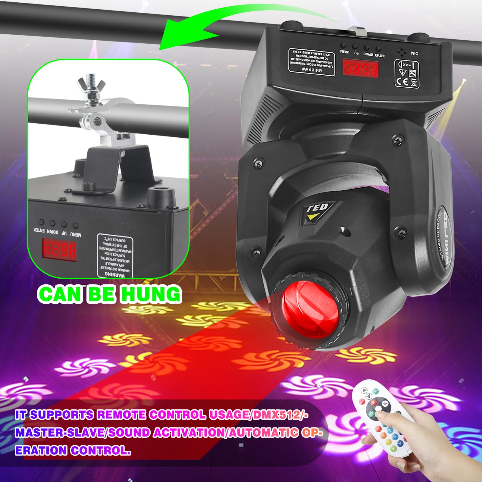 MetRo Laser 30W Moving Head Foco de escenario DMX512 con mando a distancia, 8 patrones de gobo, 8 colores, activación de sonido para DJs, fiestas y clubes (paquete de 2)