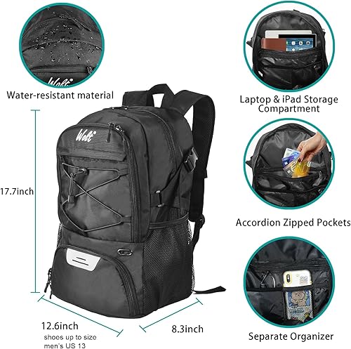 Vista 3 de WOLT - Mochila de baloncesto grande con compartimento separado para pelota y zapatos, ideal para baloncesto, fútbol, gimnasio
