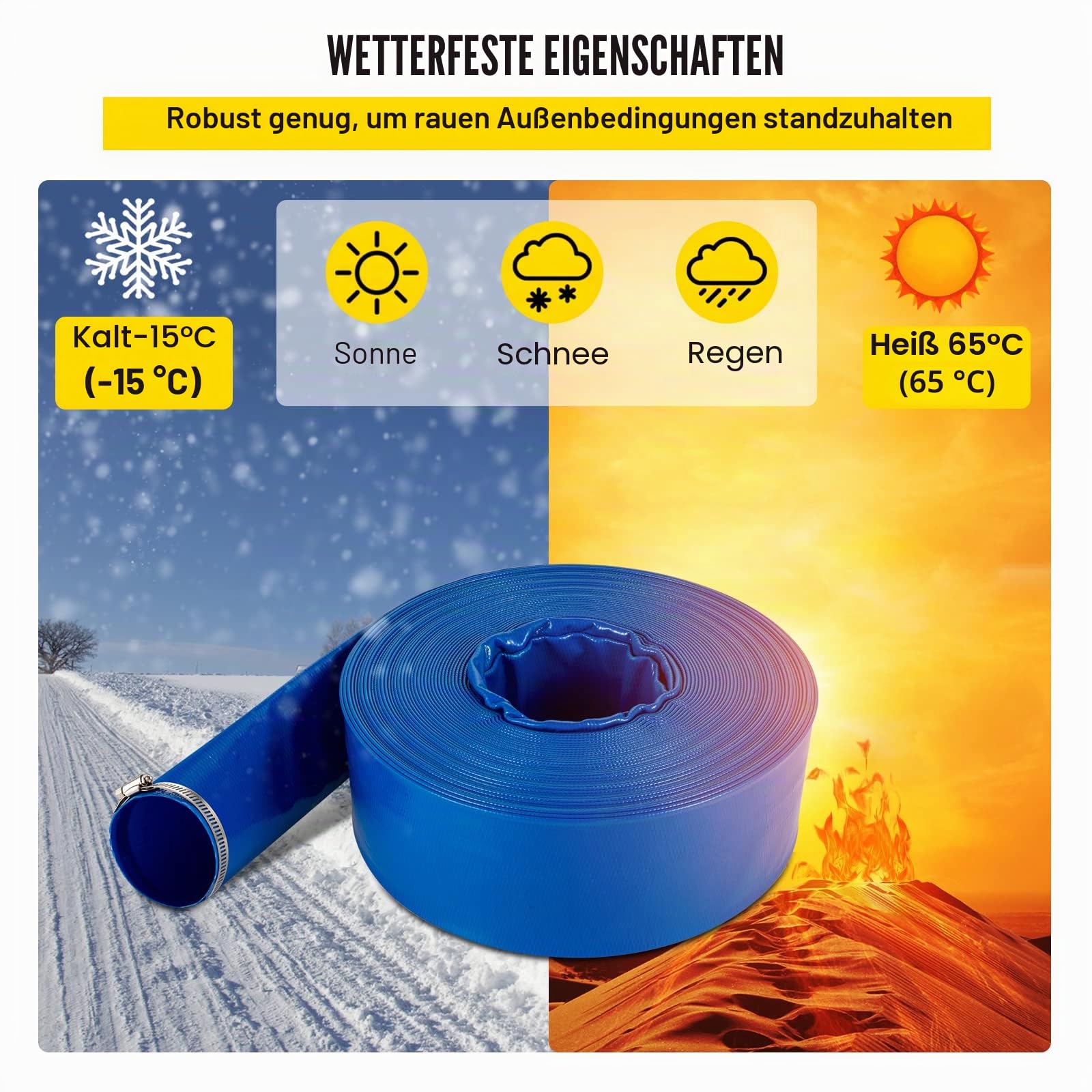VEVOR Abflussschlauch, 1-1/2" x 105', PVC-Gewebe-Flachschlauch, robuster Rückspül-Ablaufschlauch mit Klemmen, wetterfest und platzsicher, ideal für Schwimmbad und Wassertransfer, blau