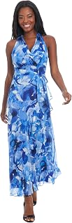 London Times Women's V-Neck Waist Tie Ruffle Cascade Dress for Women | Wedding Guest Dresses for Women