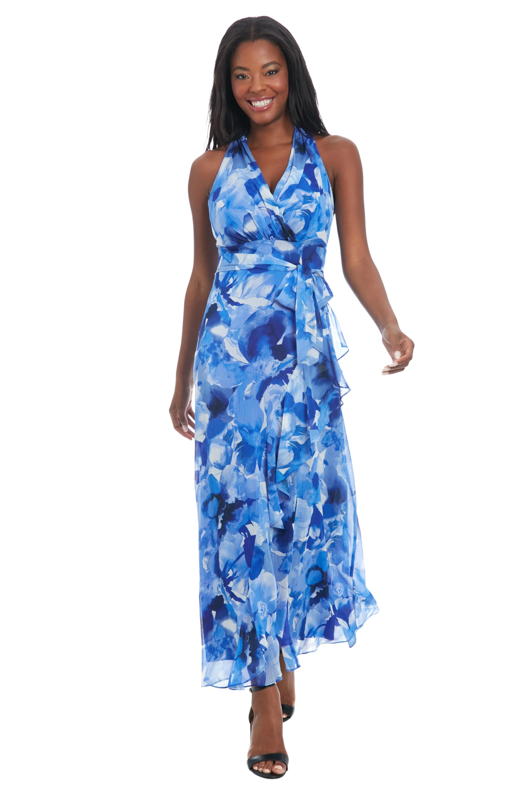 London Times Women's V-Neck Waist Tie Ruffle Cascade Dress for Women | Wedding Guest Dresses for Women