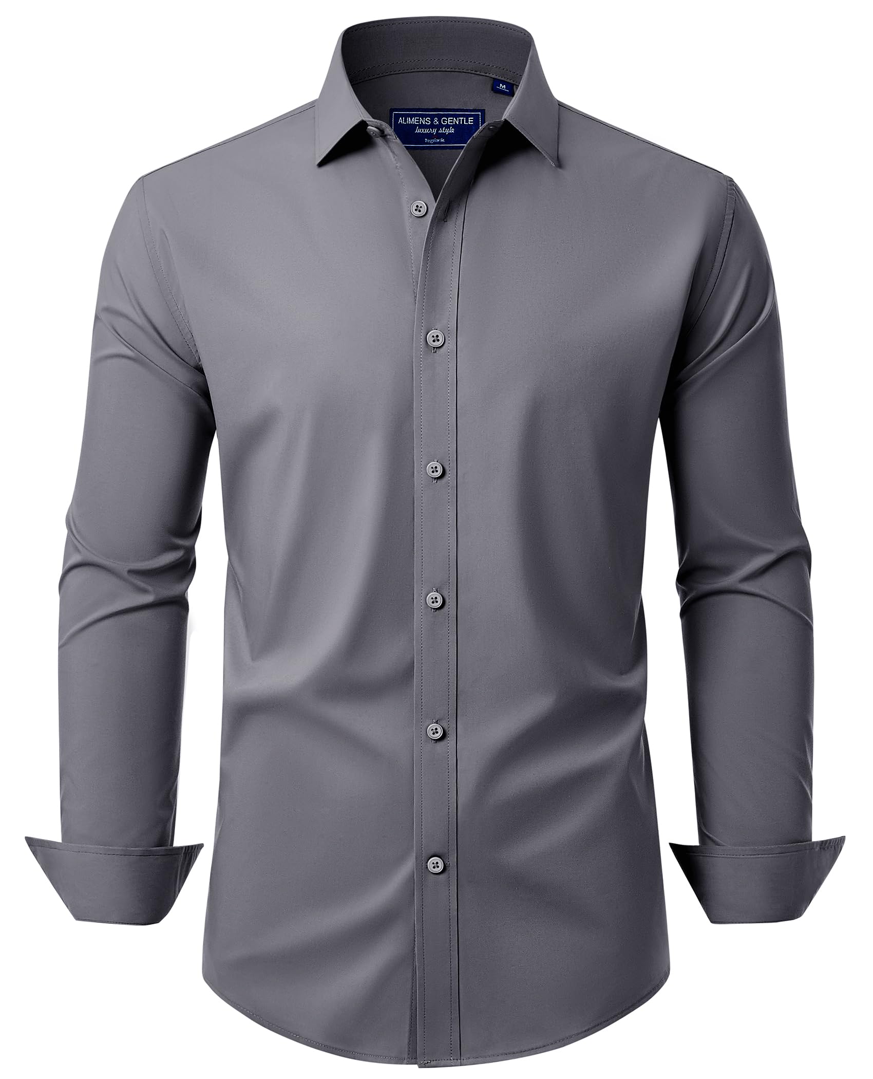 Alimens & Gentle Men's Dress Shirt Regular Fit Stretch Stain Shield Long Sleeve Solid Business Wedding Button Down Shirts, Dark Grey, Large