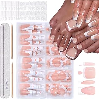 288 Pcs White French Tip Press On Toenails & Long Square Press On Nails Set Nude Glossy Fake Nails Press ons Soft Gle French Tip Glue on Nails Acrylic Nail Kit False Toe Nails for Women Manicure