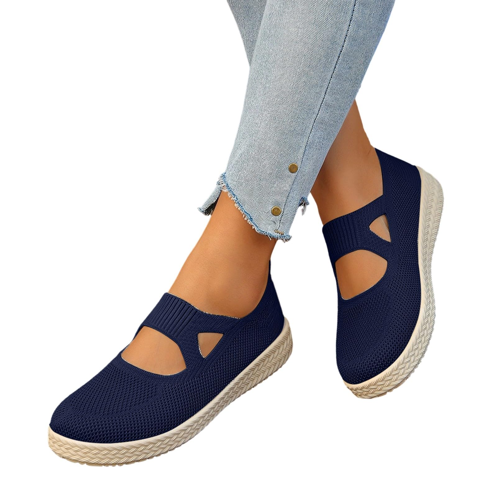 Sneaker Damen Bequem Mary Jane Ballerinas Mesh Atmungsaktive Slipper | Weich Strick Flache Schuhe Bequem Sommerschuhe, Ohne Schnüren Freizeitschuhe Leicht Walkingschuhe Für Arbeit, Reisen