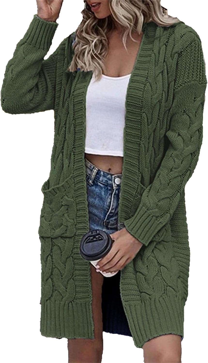 Long Sleeve Cardigan for Women Fall Chunky Cable Knit Open Front Sweaters Lightweight Loose Outwear with Pockets