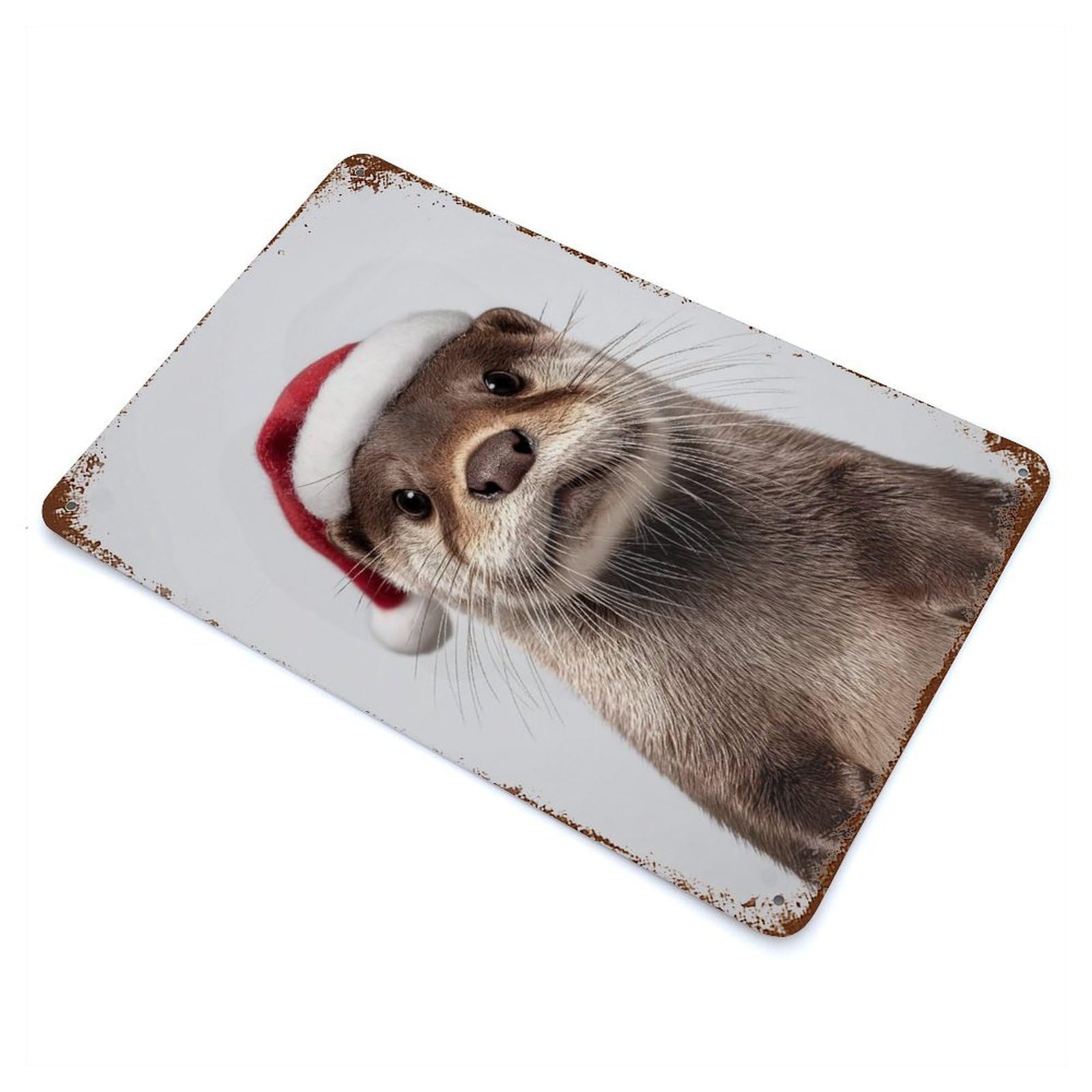 Vintage Rust Metal Sign Christmas Otter with Santa Hat Portrait 11.8"x7.9", Decorative Metal Wall Art for Basement, Hobby Room And Garage Decor