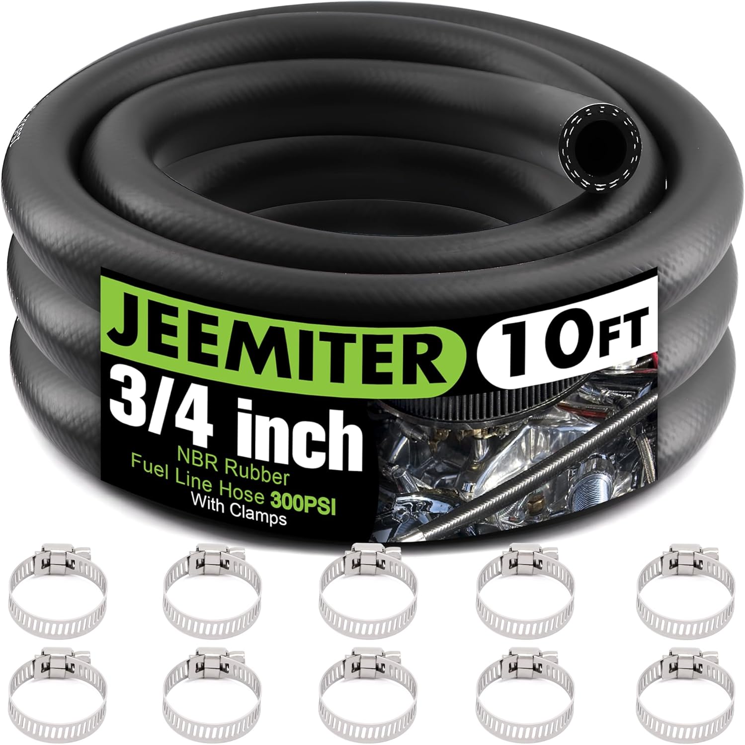 Jeemiter 3/4 Inch ID Fuel Hose 10FT - Extra High Flow Large Bore Hose SAE 30R7 Kit - with 10 Clamps for High HP Diesel, Racing Fuel, Industrial Applications