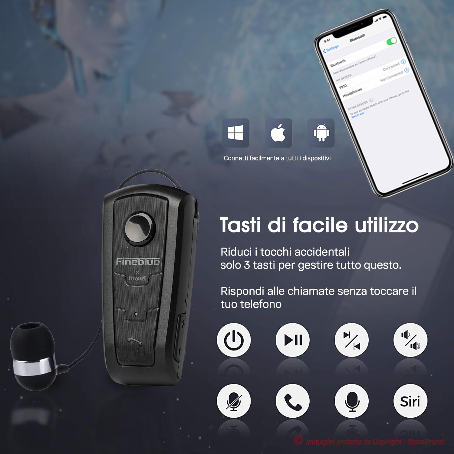 Fineblue F910 Auricolari Bluetooth Smartphone Con Clip Filo Retrattile In Ear Avviso a Vibrazione Microfono Cancellazione Rumore Nero