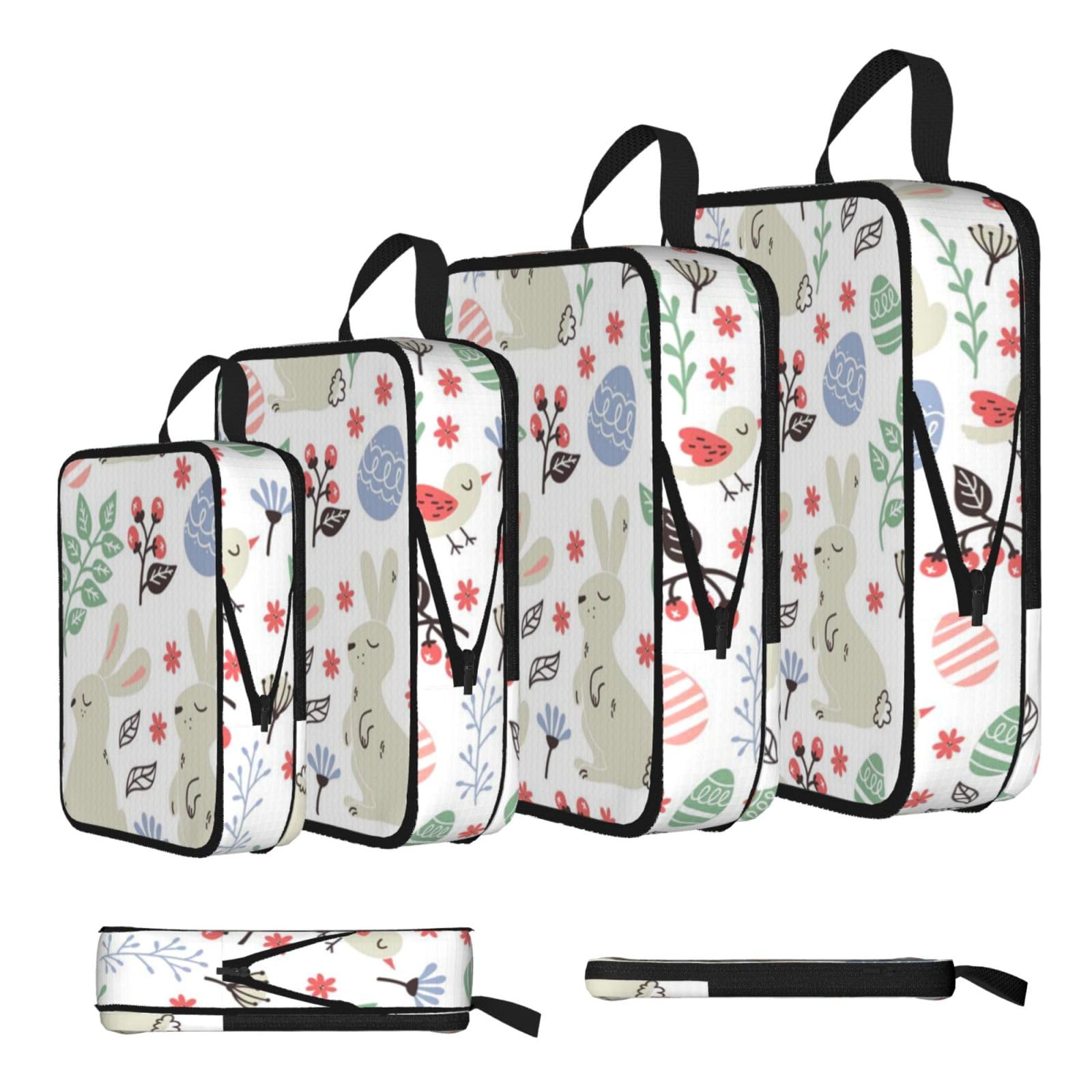 Esnaiuvcd Black Flowers Bunnies Birds Print 4 Set Compression Packing Cubes For Suitcases,Expandable Storage Bags Organizers