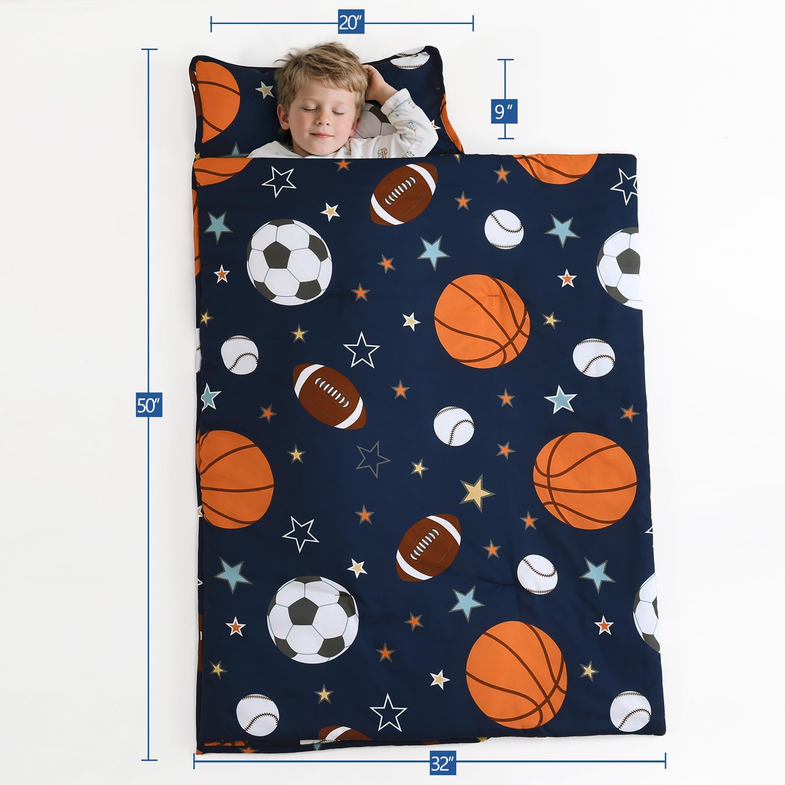 PHF Ball Toddler Nap Mat Set, with Removable Pillow for Toddler Boys, Soft and Lightweight for Daycare, Preschool, Travel, Kindergarten Sleeping Bag, Fits Ages 3-6 Years, Ball