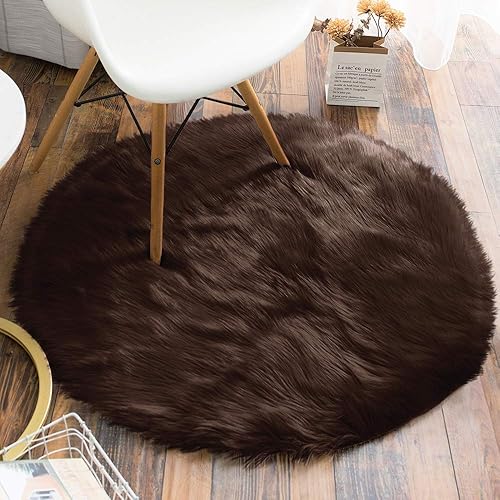 Carvapet Faux Sheepskin Fur Area Rugs Round Fake Fur Throw Rug Fluffy Home Decor Living Room Floor Mat Circular Bedside Carpet for Bedroom Soft Circle Kids Play Mat for Nursery, 3ft Diameter, Brown