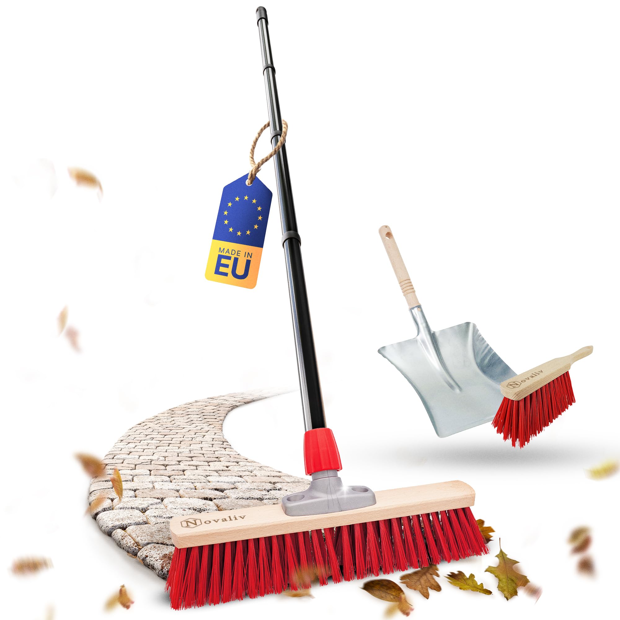 Novaliv Scopa da strada con manico da 50 cm, setole in elaston, con scopa nera, composta da paletta e scopa a mano, ideale come scopa da giardino per terrazze, scopa da cortile, scopa da stalla