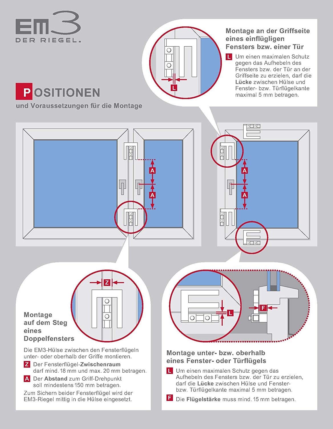 EM3 weiss, Fenstersicherung für Fenster oder Türen aus Kunststoff/Holz/Aluminium, Einbruchschutz DIN zertifiziert, hochwertiger massiver Stahl, 6er Set
