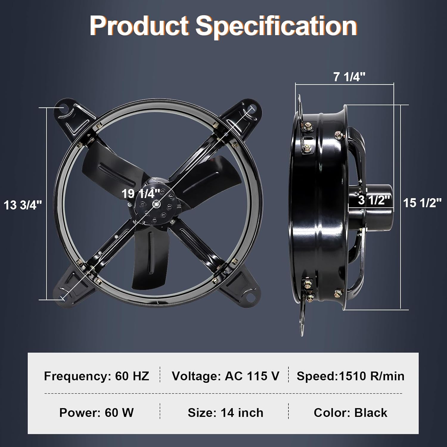 Hiorucet 14 Inch Wall Mounted Attic Gable Vent Fan with Adjustable Temperature Thermostat Control, 60HZ, 115V, 1510R/min, 60W, Gable Mount Vent Attic Fan with Pure Copper Motor, High Speed Low Noise