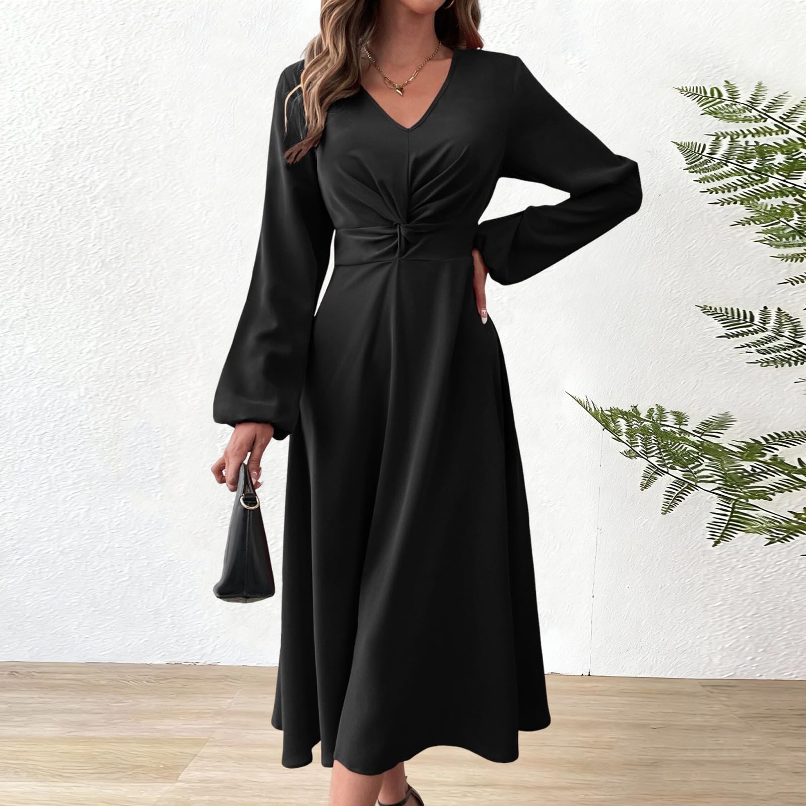 Vestidos de Fiesta Mujer Elegante Manga Larga Midi Vestido de Cóctel Plisado Sexy Cuello en V Bodycon Vintage A-línea Formal Vestido para Invitada Boda Noche Otoño Invierno