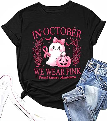 Breast Cancer Shirts Women in October We Wear Pink Halloween Graphic Tees