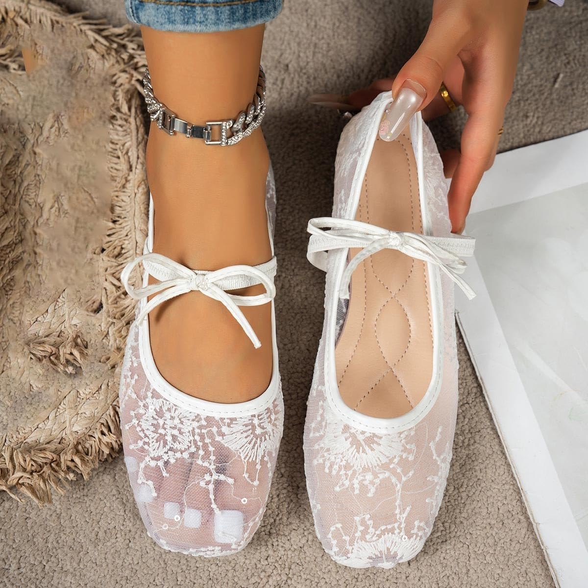 Women Sheer Lace Flats Bow Knot Strap Square Toe Mesh Ballerina Shoes Memory Foam Soft Comfy Vintage Embroidery Flats — view 2