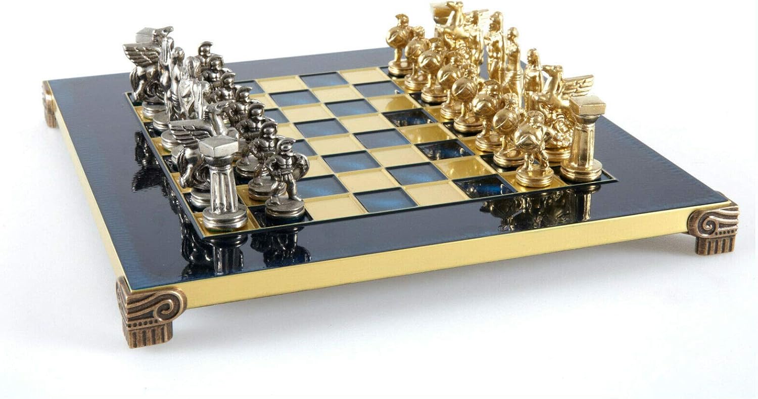 Manopoulos Spartan Warriors Chess Set - Brass&Nickel - Blue Chess Board