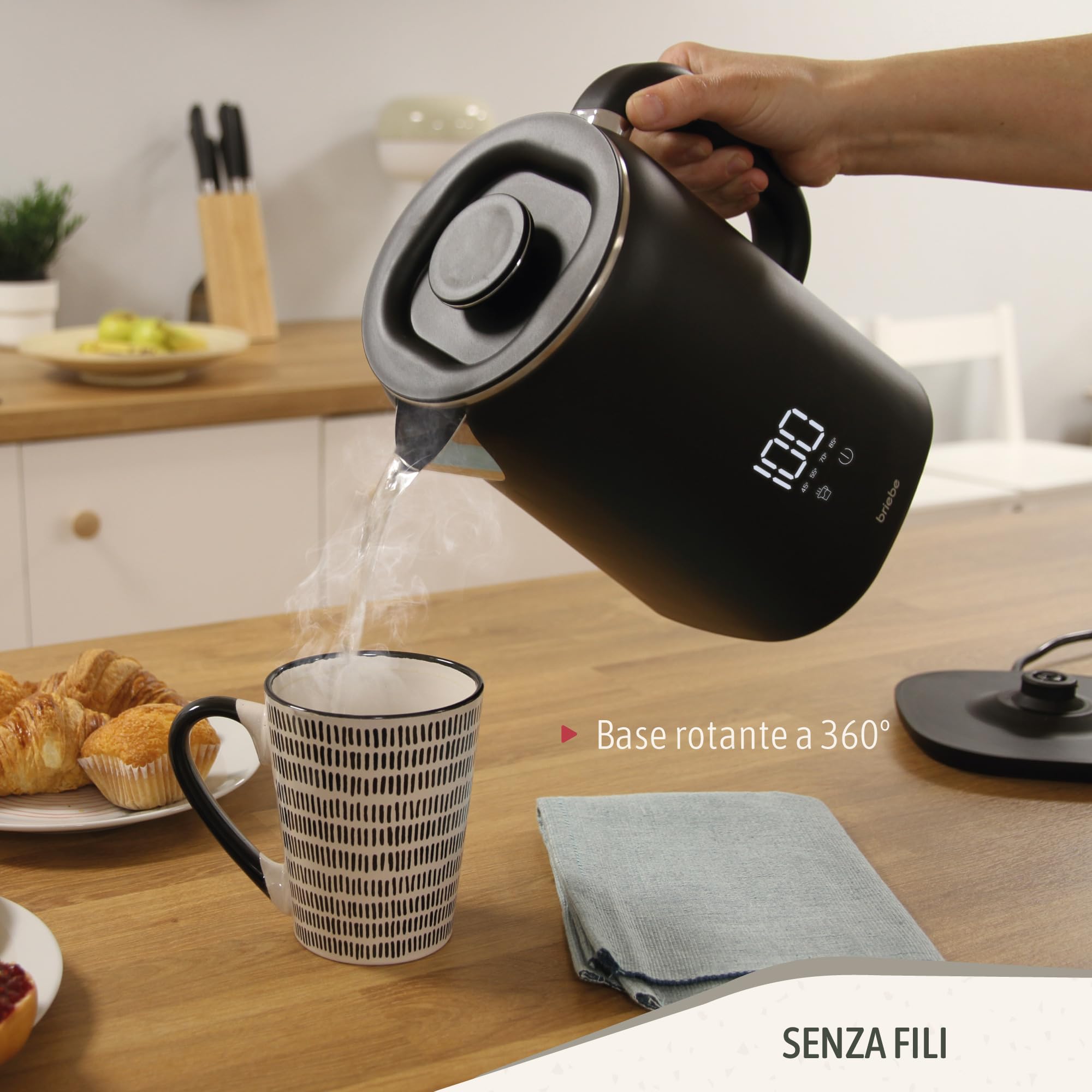 briebe eBoil Bollitore Elettrico 1,7L Display Digitale Temperatura Regolabile 45°C a 100°C Funzione Keep Warm, 1500W, Interno in Acciaio Inox, BPA Free, Base 360°, Controller Strix, Nero