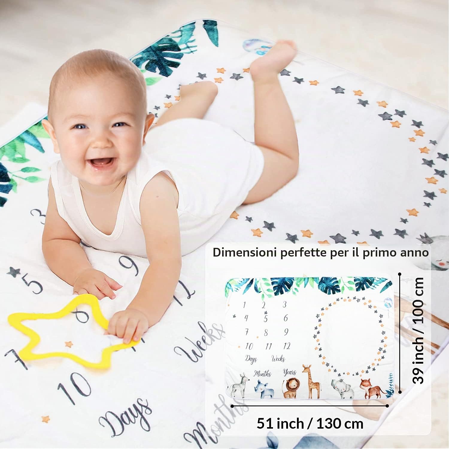 Coperta mensile per bambini, motivo pietra miliare per bambini, unisex, per immagini, leone, giraffa e zebra, con 4 cornici in feltro, Natale, nuove mamme e la crescita dell'età (101.6 x 127 cm)