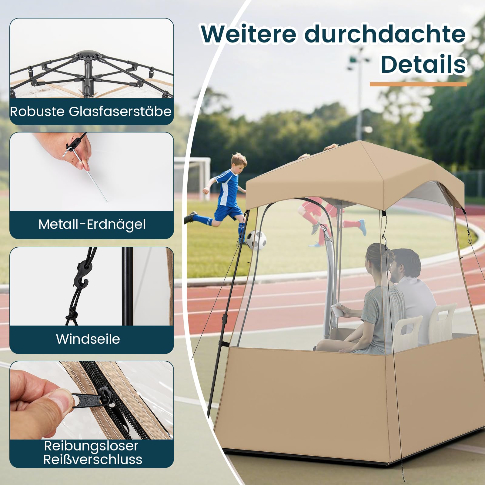 GYMAX Sportzelt, transparentes Outdoor Zelt für 2-4 Personen mit Überdachung, Abspannseilen & Heringen, tragbares Pop-Up-Zelt für Fußball, Softball-Spiele