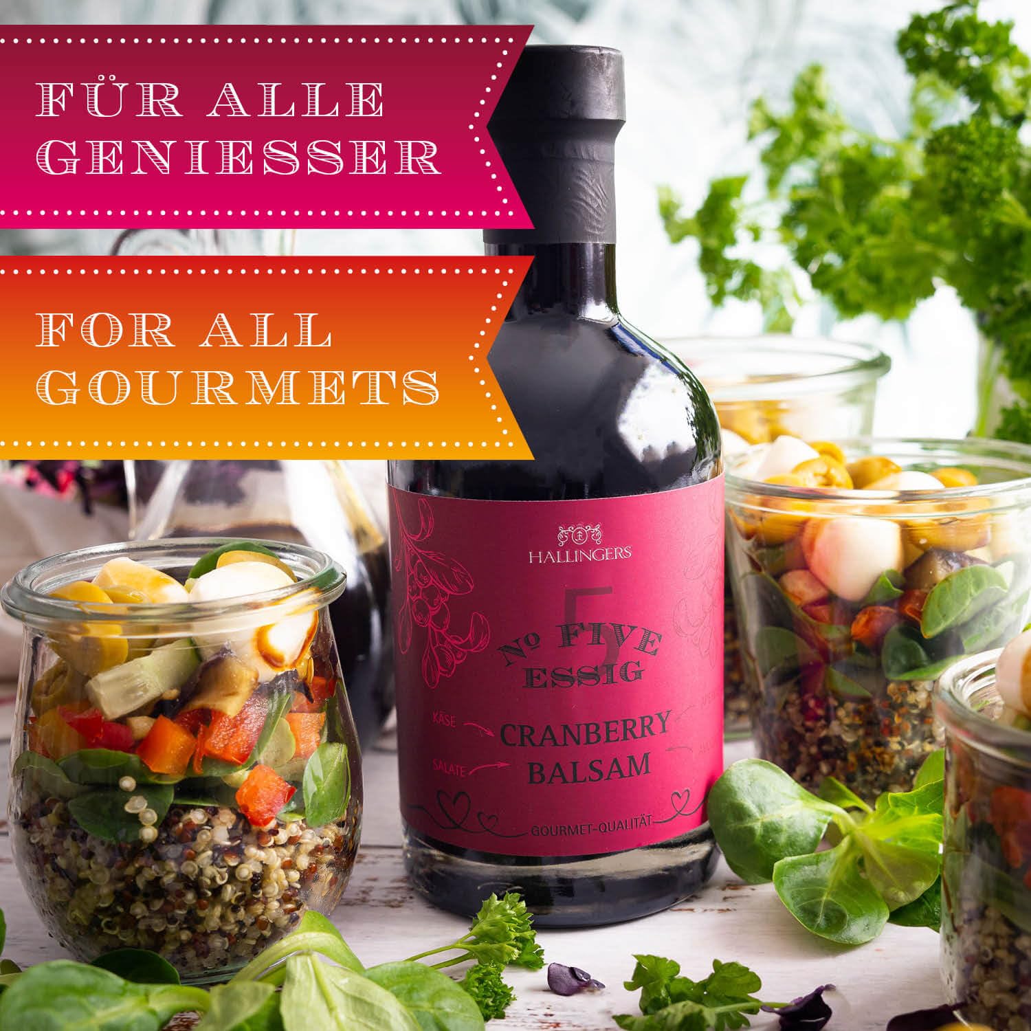 Hallingers Genuss Manufaktur Gourmet-Essig Geschenk - für Salate, Getränke & Speisen in wertiger Geschenkflasche "No. 5" 3% Säure Cranberry-Balsam, Geschenkidee für Frauen Männer