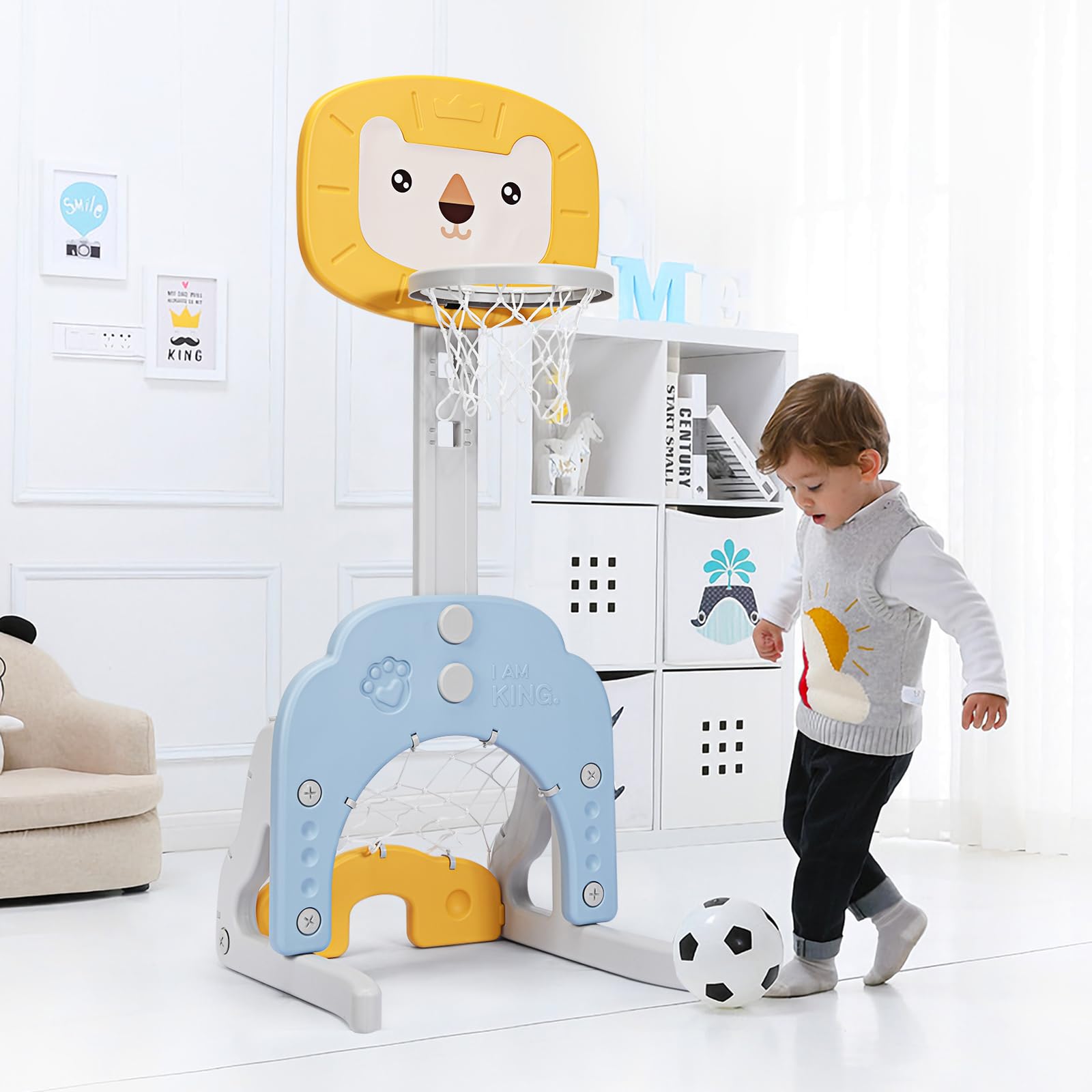 HOMASIS 3 in 1 Canestro Basket Bambini con Pallacanestro, Calcio e Golf, Basket Bambino a Forma di Leone con Altezza Regolabile 110-149 cm, Canestro Basket da Camera da Esterno (Giallo)