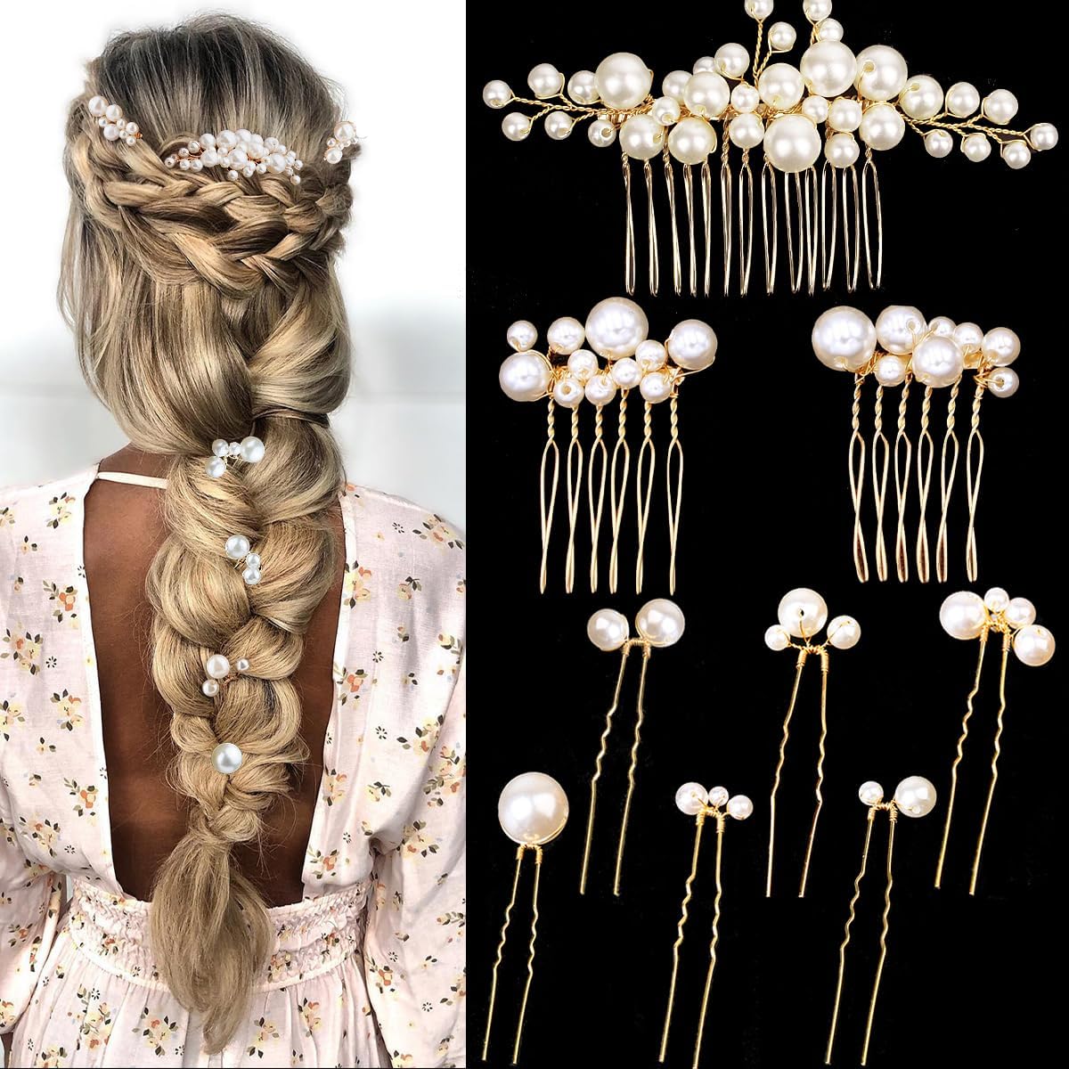 9PCS Gold Wedding Bridal Hair Combs Pearl Hair Pins Clips Vintage Hair Headpiece Jewelry for Bridesmaids Brides Flower Girls Hair Accessories