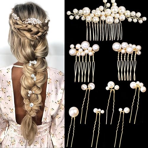 9 peines dorados de boda para el cabello, perlas, pinzas para el cabello, joyería vintage para damas de honor, novias, flores, niñas, accesorios