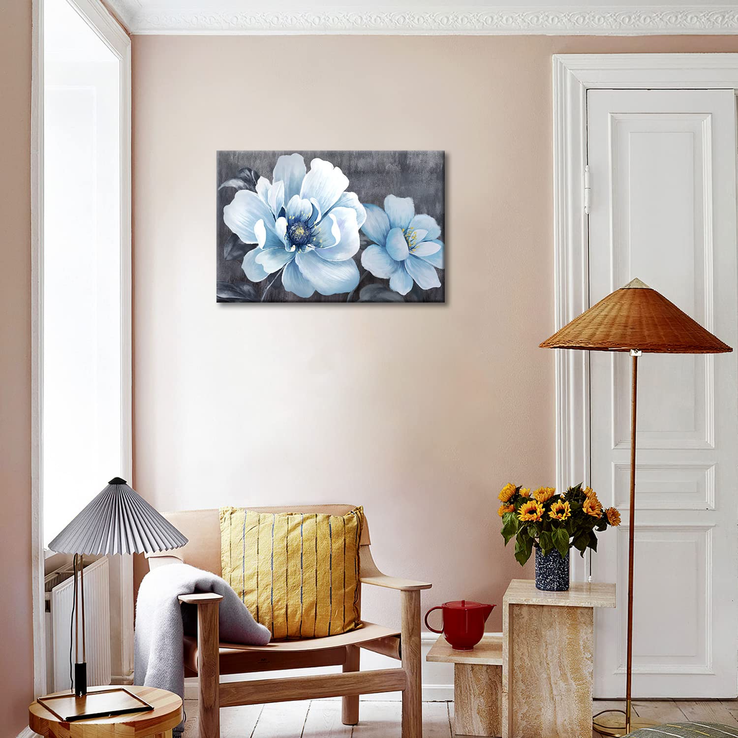 Mofutinpo Blumen-Leinwandbild, 76x152 Cm – Weiß-blaue Blume, Fertig Gerahmt
