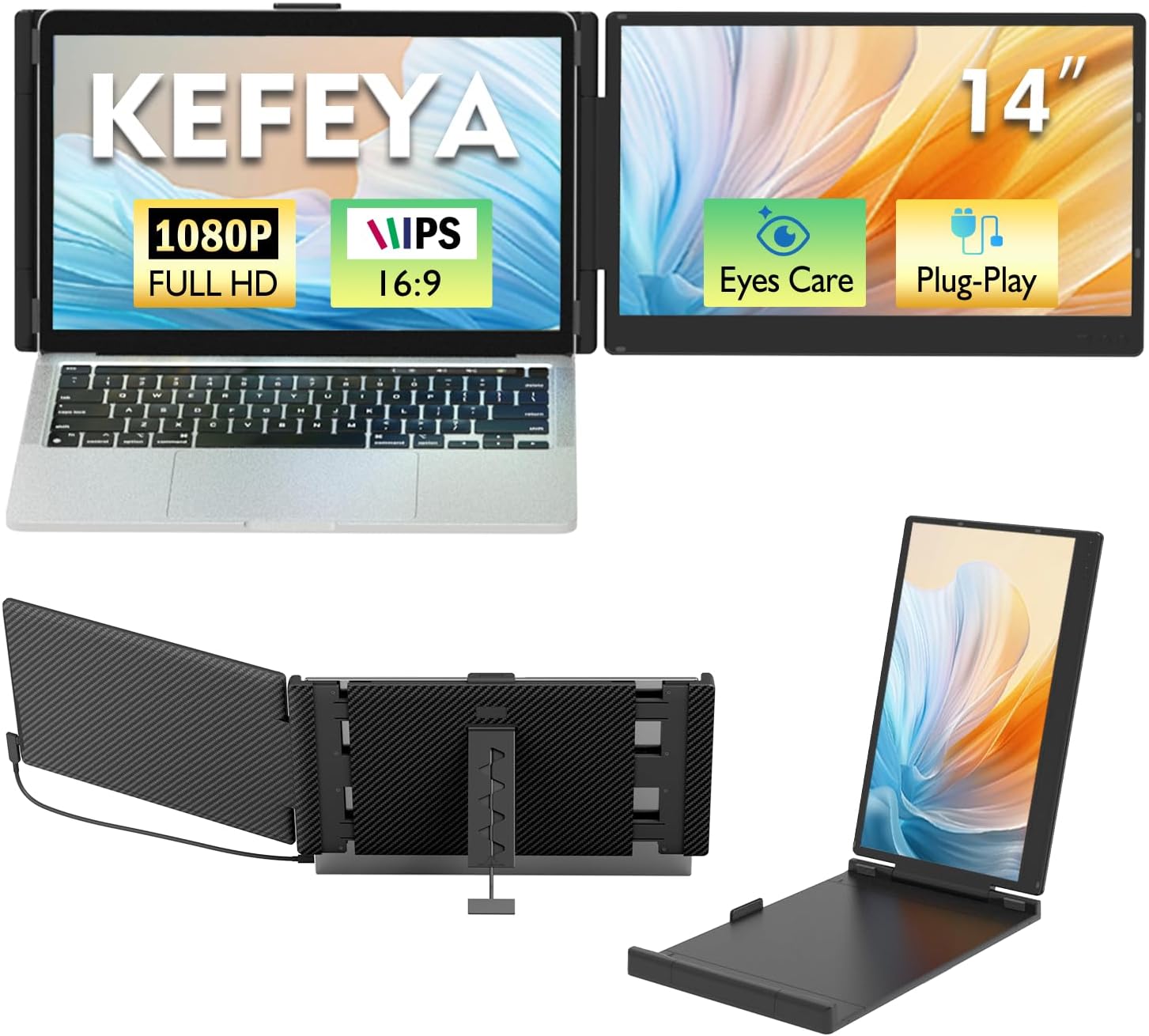Kefeya Extender per laptop, 1080p FHD IPS per monitor per laptop, 1080p, monitor per laptop, doppio da viaggio per laptop 13-17.3", USB-C HDMI Plug-Play per macOS Windows PS Switch Xbox Phone Pad
