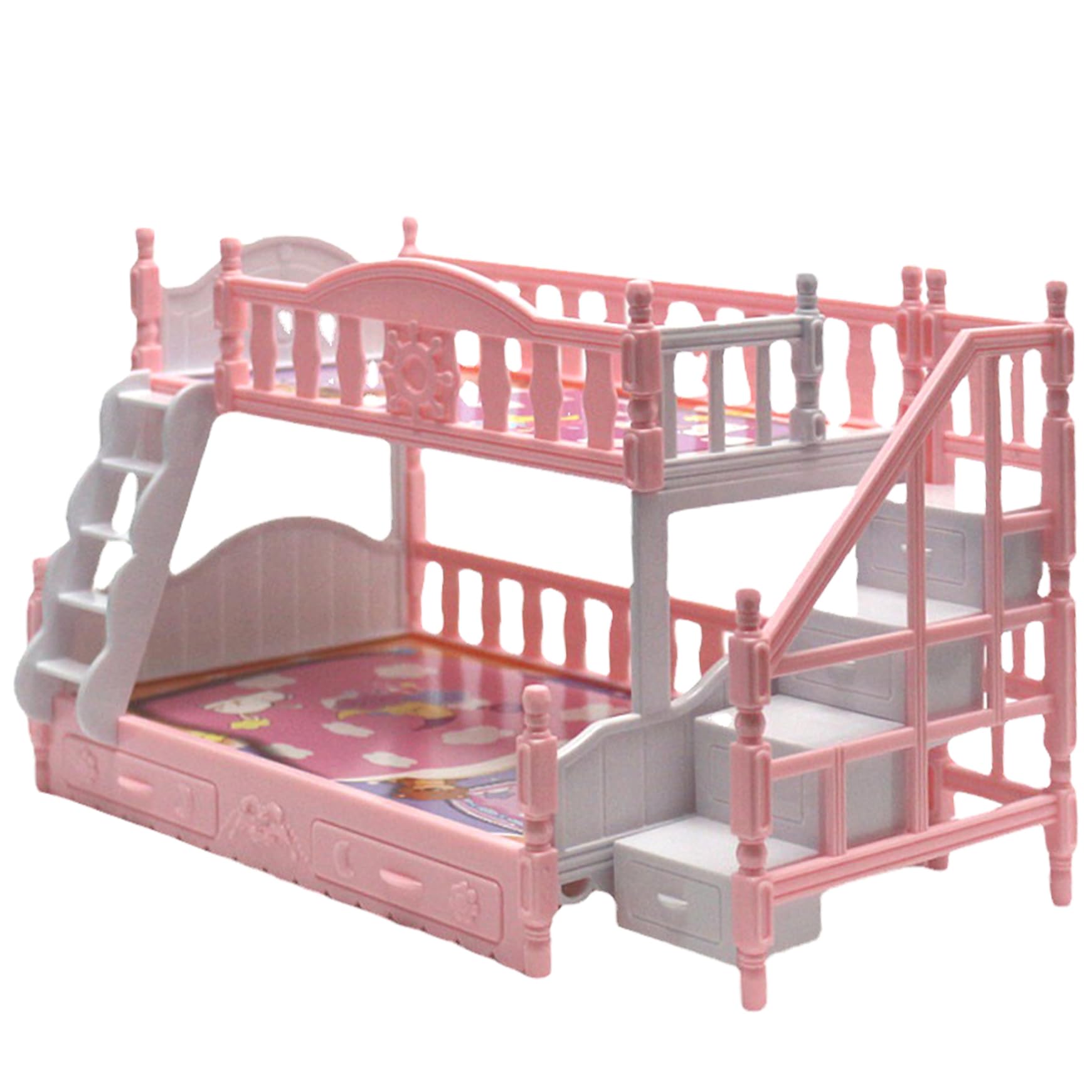 Baby Doll Bunk Bed for Girls Miniature Simulation Cute Cartoon Dollhouse Bed with Stairs Plastic Dollhouse Furniture Birthday